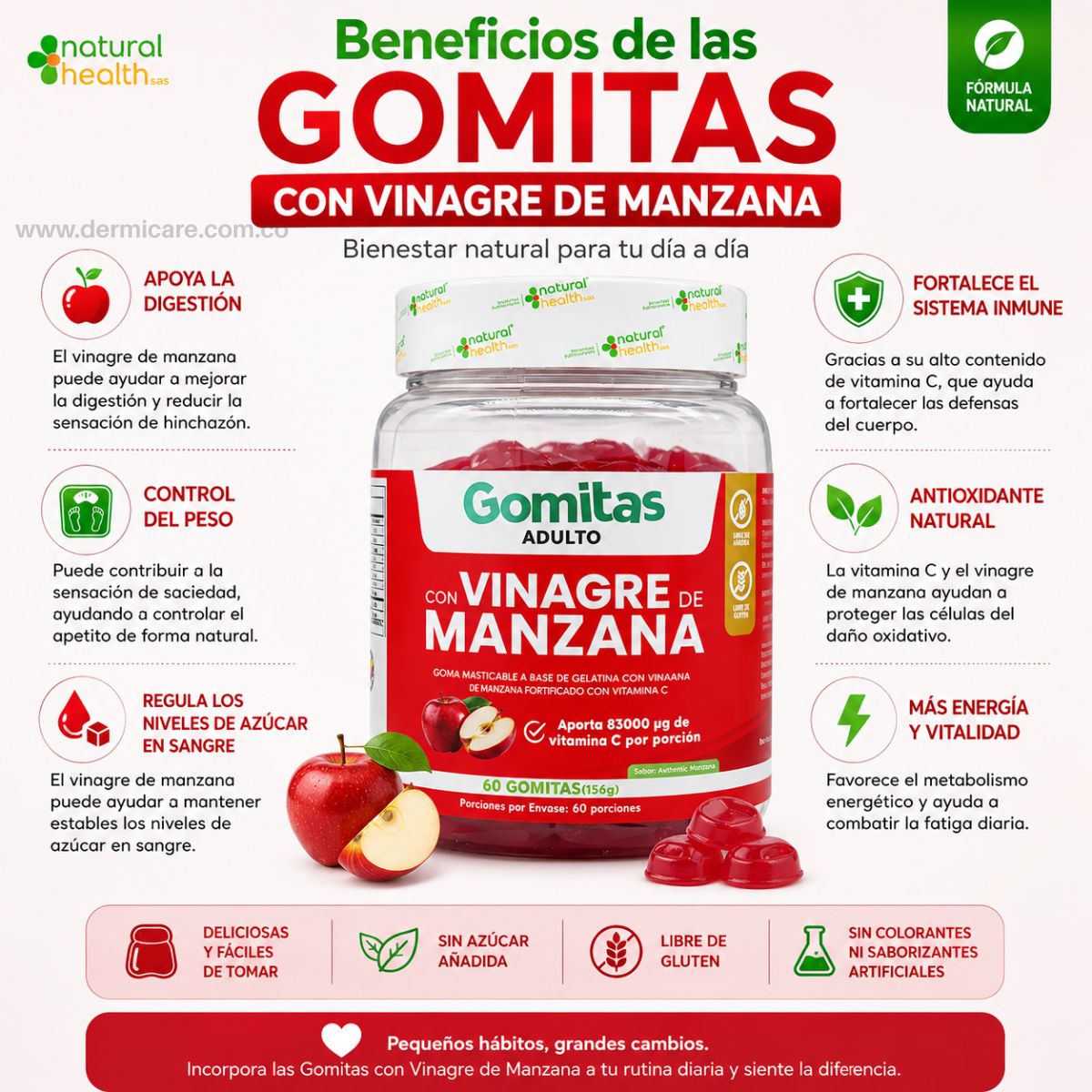 Gomitas vinagre de manzana Natural Health 60 capsulas ACV vitamina C metabolismo digestion defensas