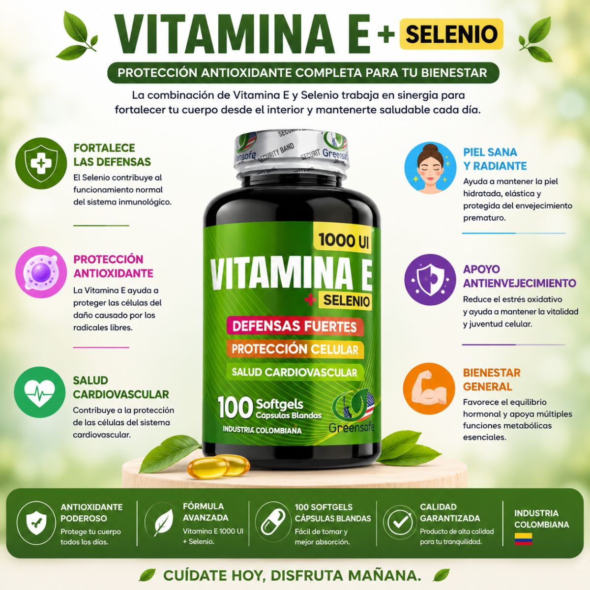 Vitamina E Selenio Softgels 100 caps antioxidante proteccion celular piel inmune tiroides