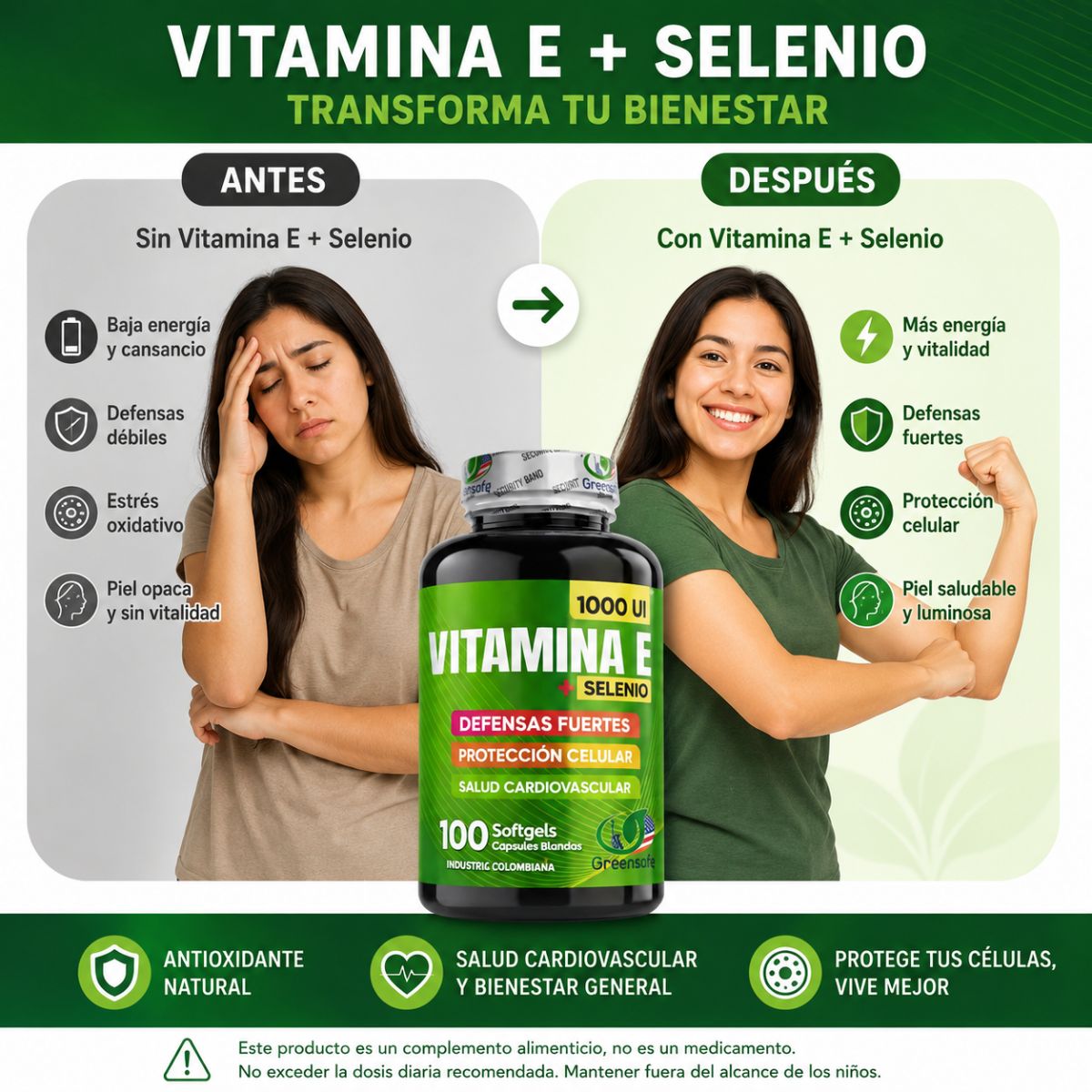 Vitamina E Selenio Softgels 100 caps antioxidante proteccion celular piel inmune tiroides