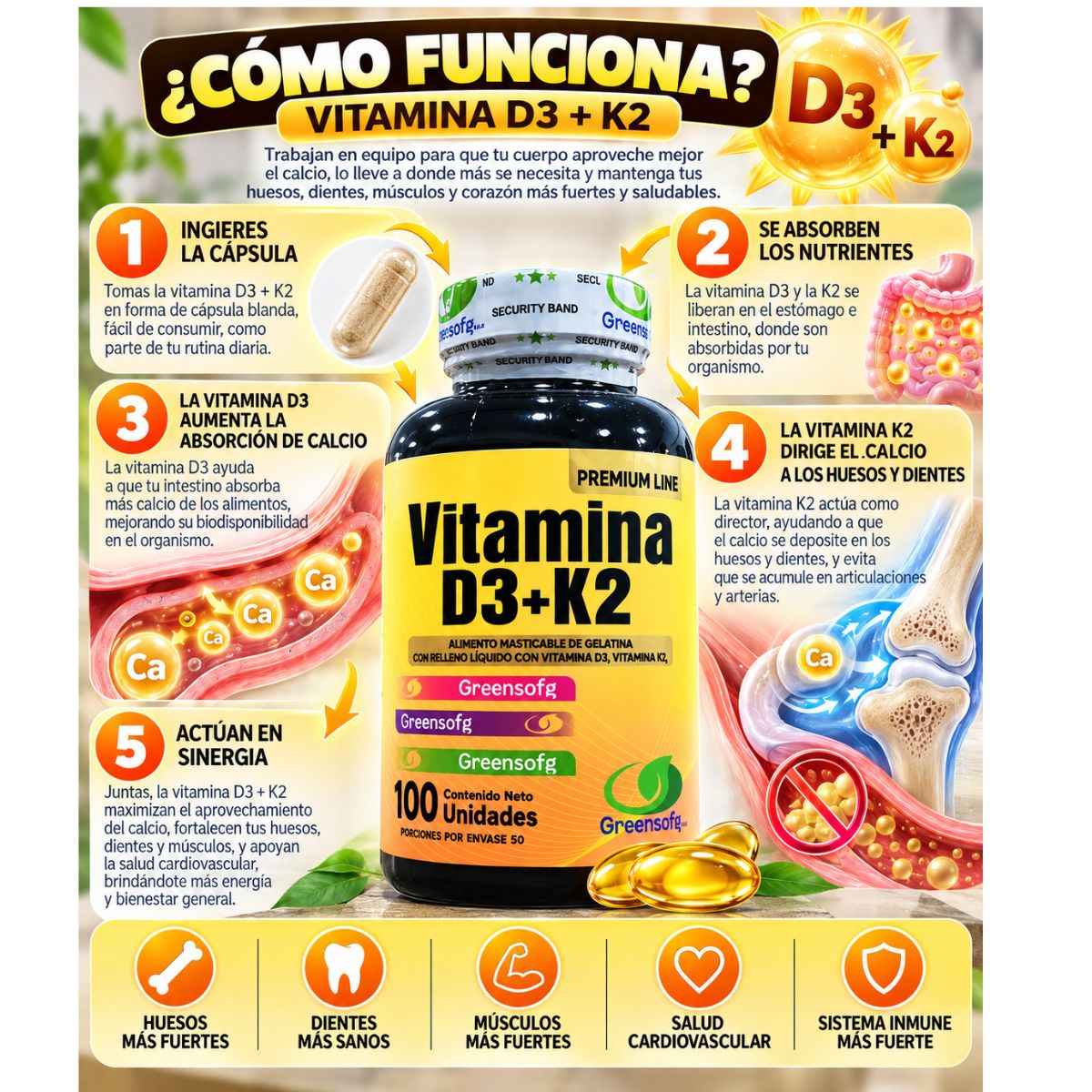 Vitamina D3 + K2 (MK-7) Greensofg x100 Cápsulas Blandas - Envío Gratis