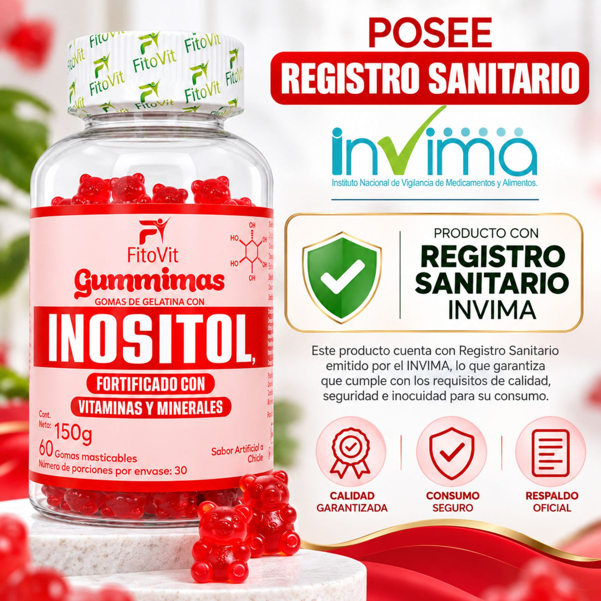 Inositol FitoVit 60 gomitas sabor chicle — alimento vitaminado con biotina y vitaminas para mujer Colombia