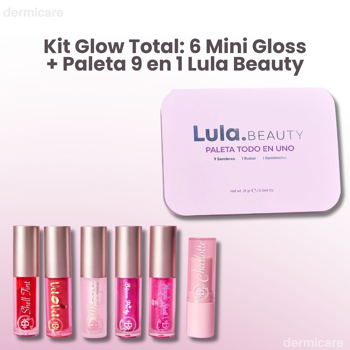 Gloss x6 + Paleta 9en1 Lula Beauty - Set maquillaje completo