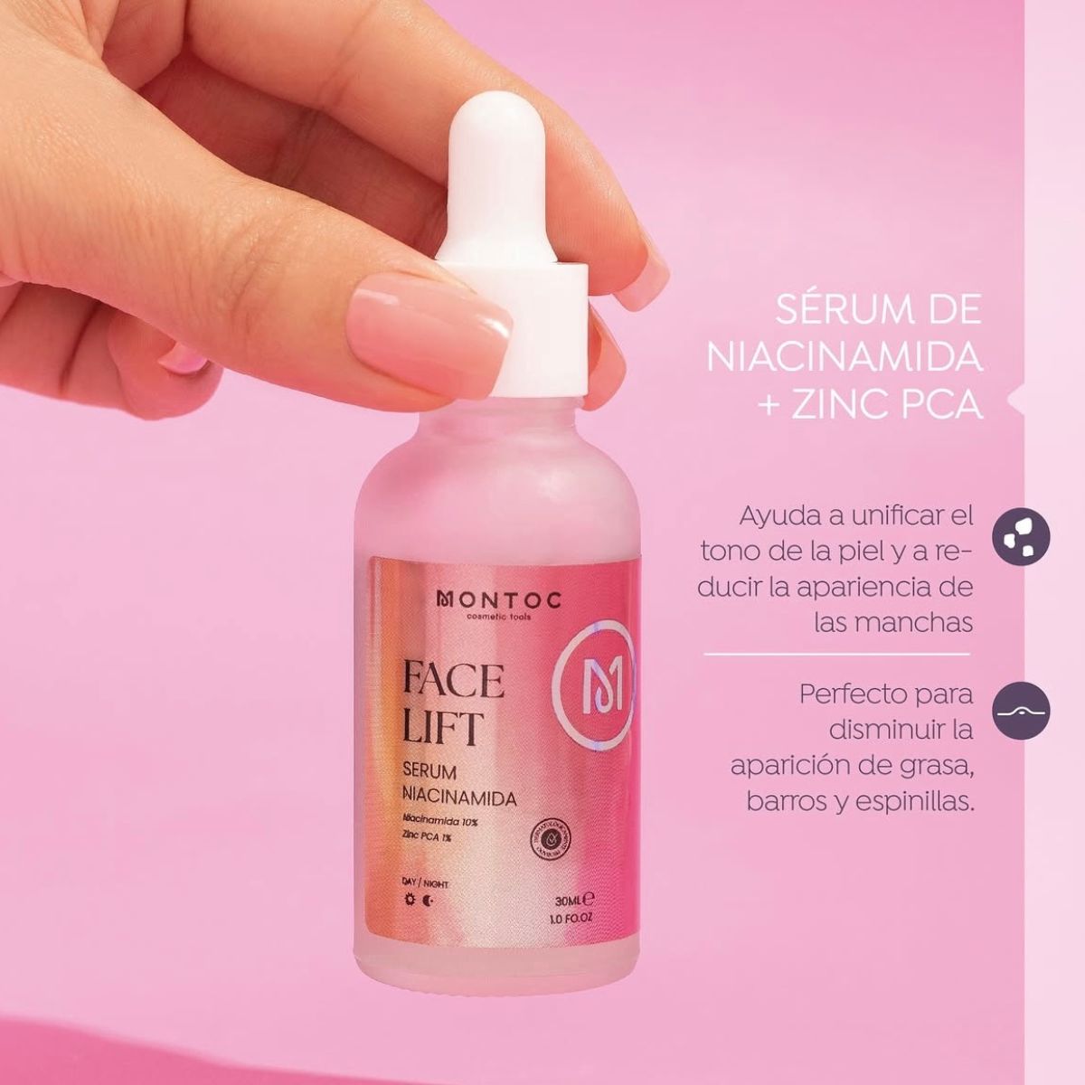 Serum Niacinamida B3 10% Zinc PA Montoc para piel más uniforme y libre de imperfecciones.