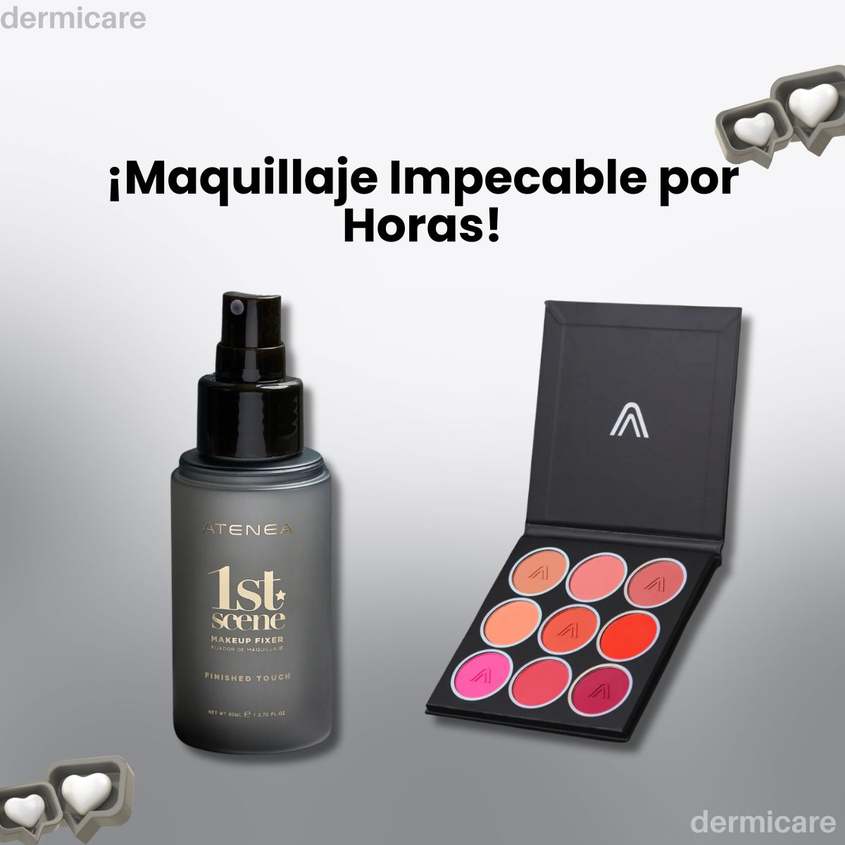 Fijador 1ST Scene + Paleta Rubores Blushed Cheeks de Atenea Maquillaje