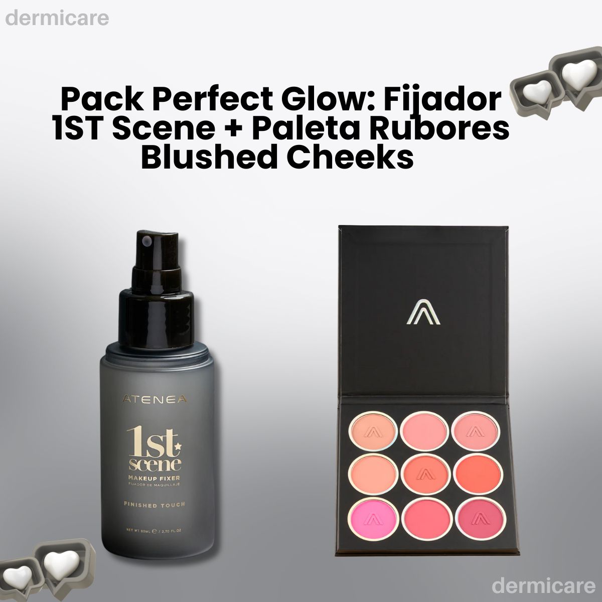 Fijador 1ST Scene + Paleta Rubores Blushed Cheeks de Atenea Maquillaje