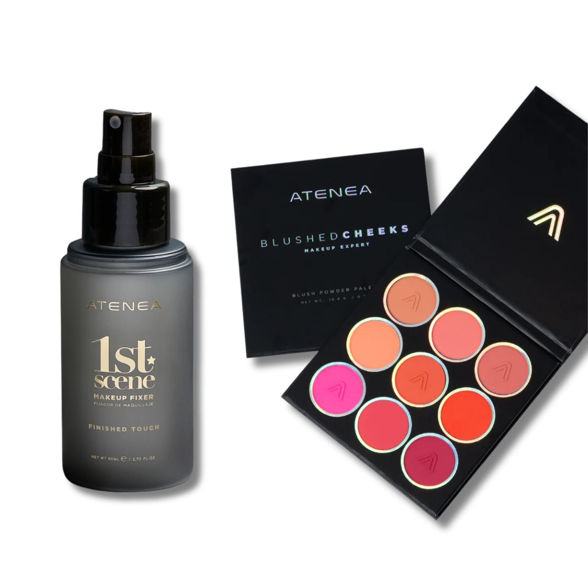 Fijador 1ST Scene + Paleta Rubores Blushed Cheeks de Atenea Maquillaje