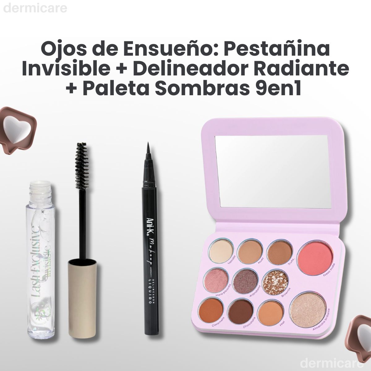 Pestañina Transparente + Delineador + Paleta Sombras - Kit ojos profesionales