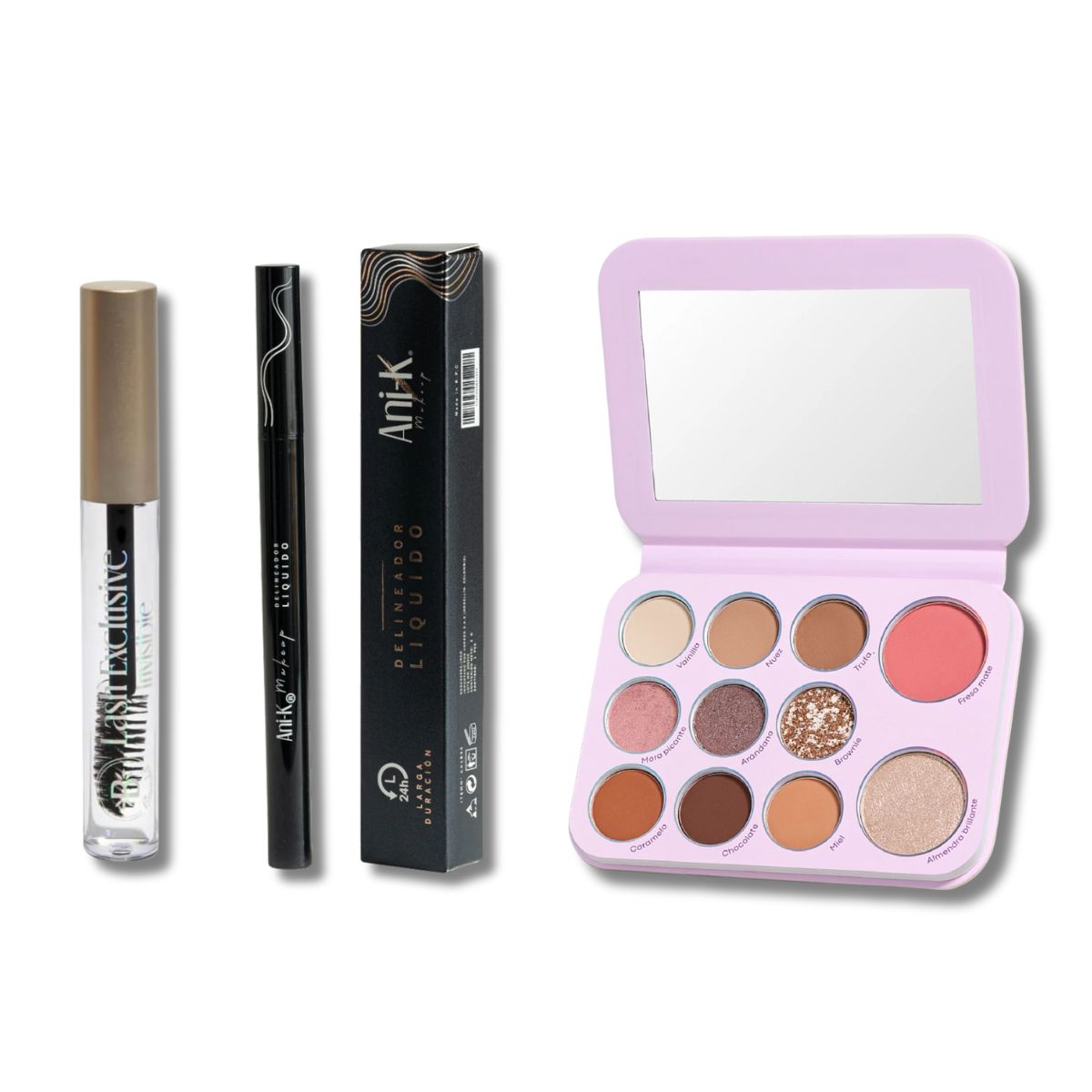 Pestañina Transparente + Delineador + Paleta Sombras - Kit ojos profesionales