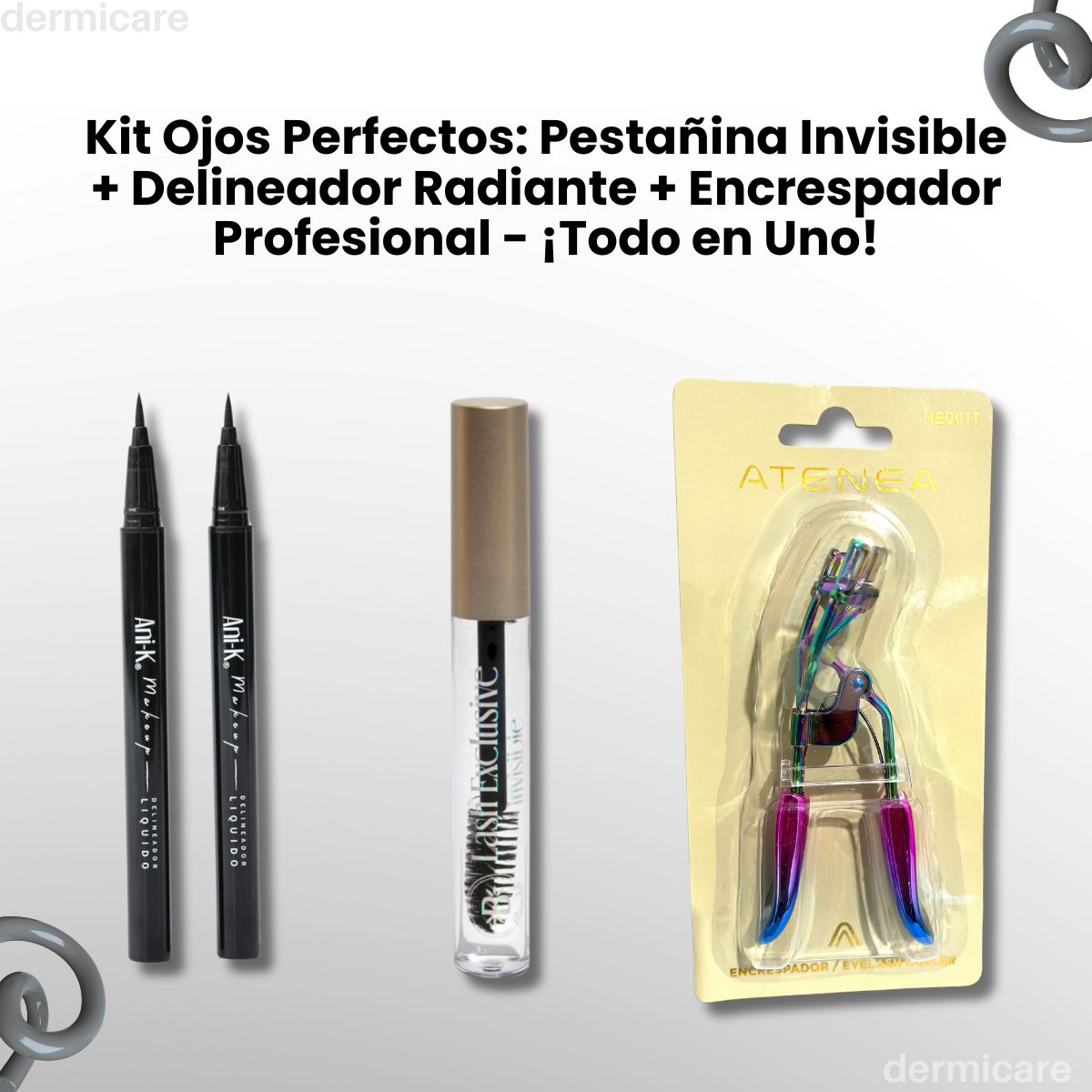 Pestañina Transparente + Delineador + Encrespador - Kit ojos profesionales