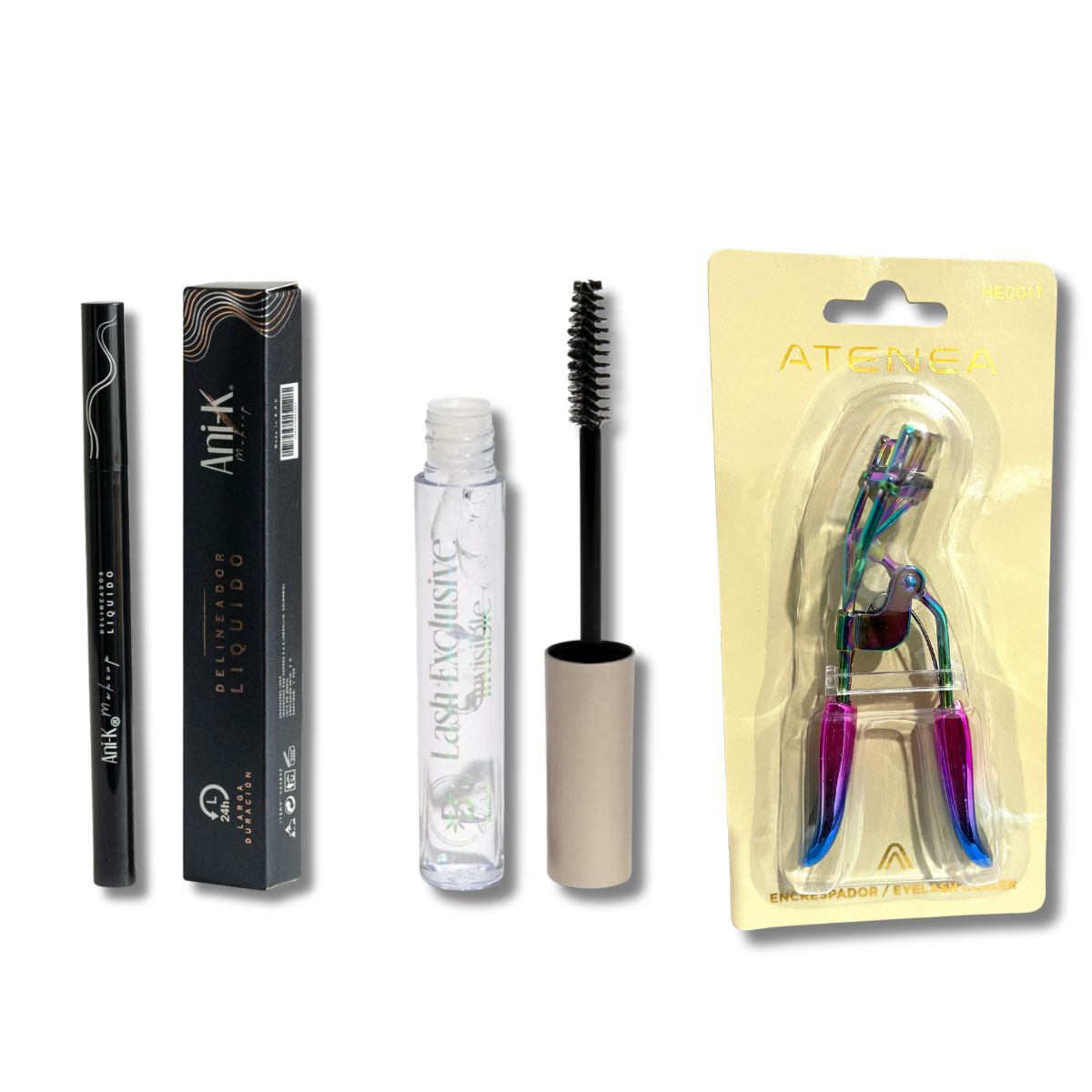 Pestañina Transparente + Delineador + Encrespador - Kit ojos profesionales