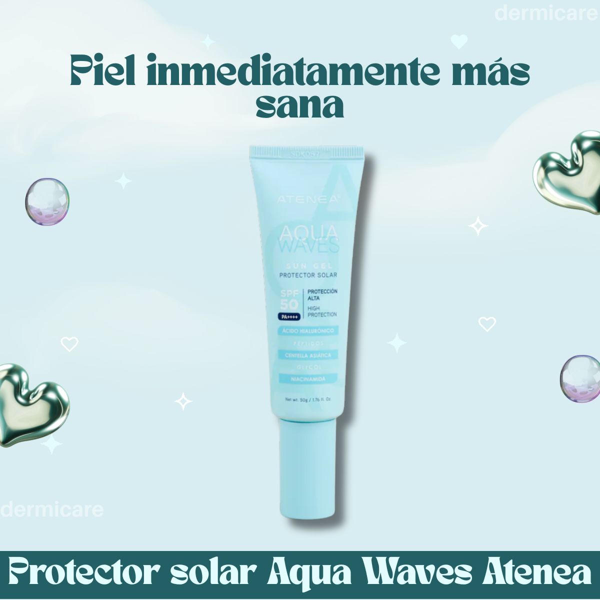 Protector solar en gel Atenea Aqua Waves SPF 50+ - Textura ligera y transparente