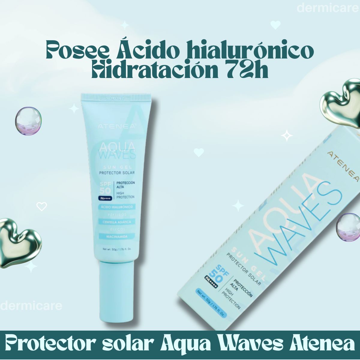 Protector solar en gel Atenea Aqua Waves SPF 50+ - Textura ligera y transparente