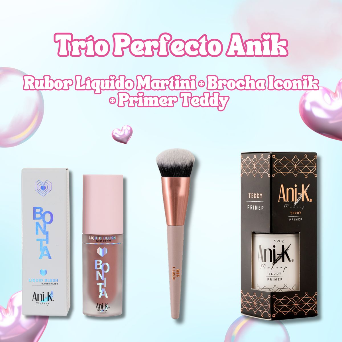 Rubor Líquido Anik + Brocha Iconik + Primer Teddy - Kit maquillaje completo