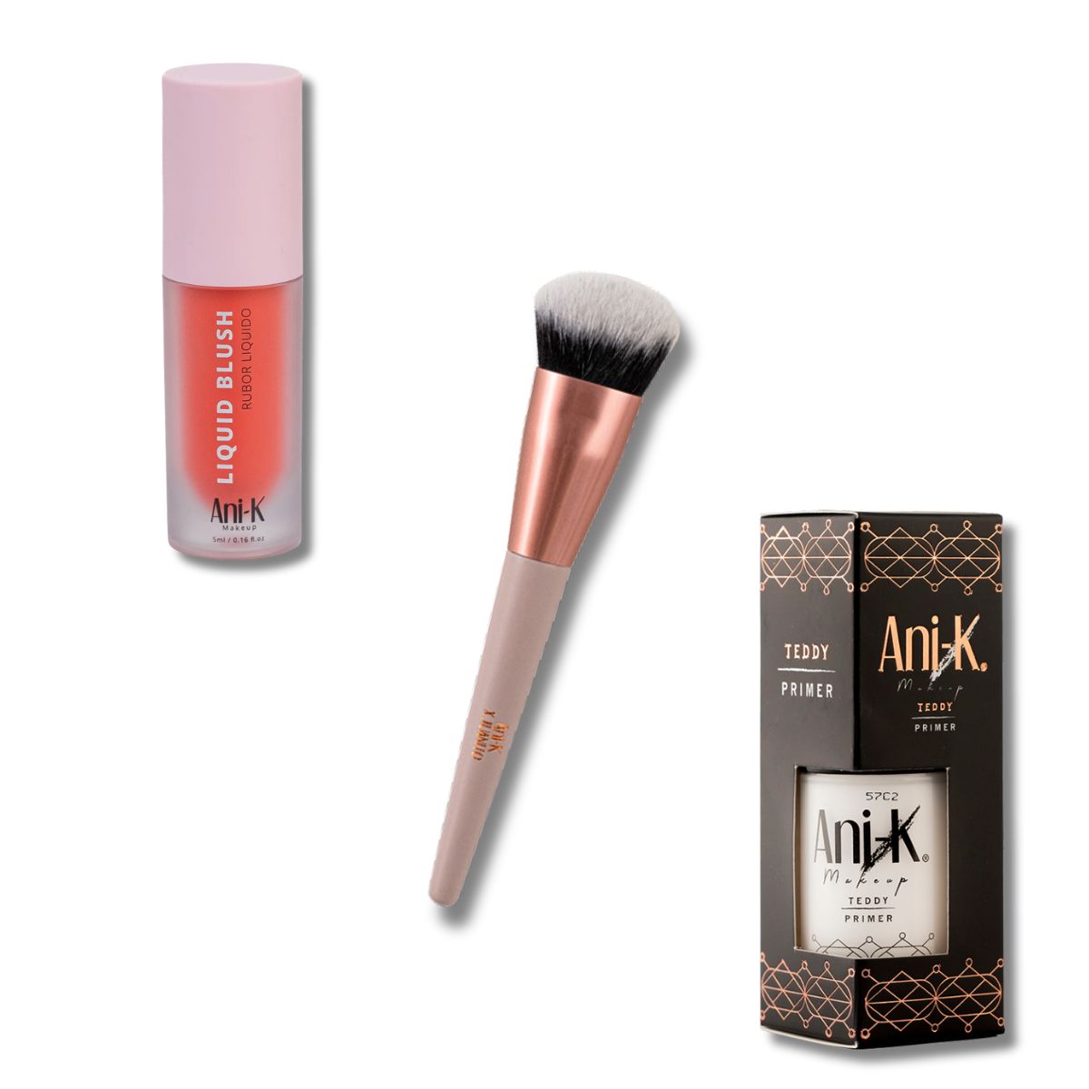 Rubor Líquido Anik + Brocha Iconik + Primer Teddy - Kit maquillaje completo