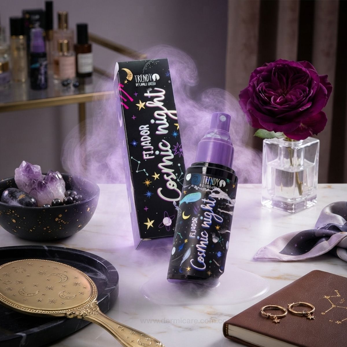 Fijador Cosmic Night Trendy: el setting spray con micropartículas galácticas que fija tu maquillaje y lo convierte en una constelación luminosa