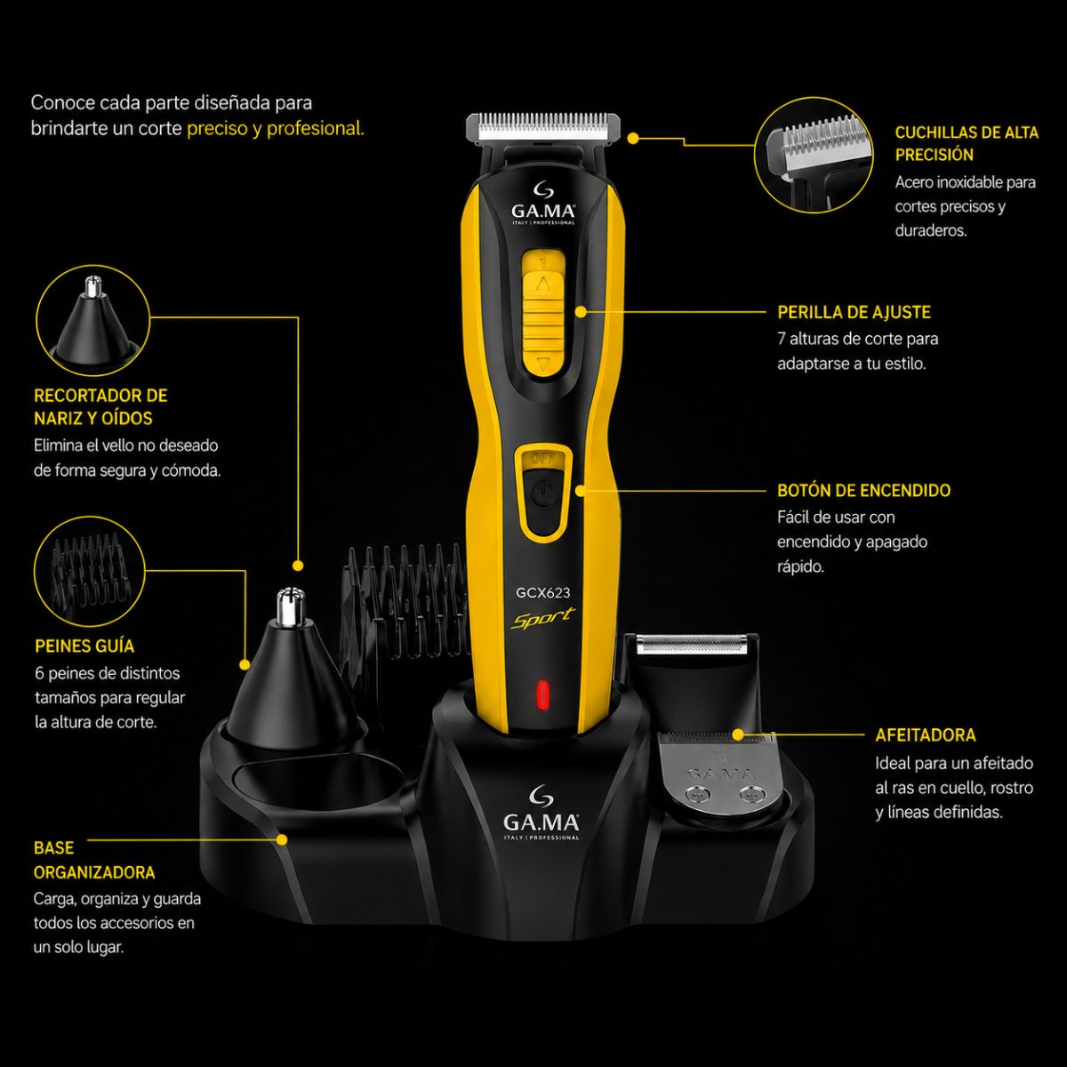 Afeitadora multifuncion Gamma GCX623 Sport clipper USB inalambrico barba cabello cuerpo