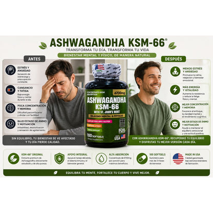 Ashwagandha KSM-66 x100 softgels extracto raiz completa cortisol estres adaptogeno natural