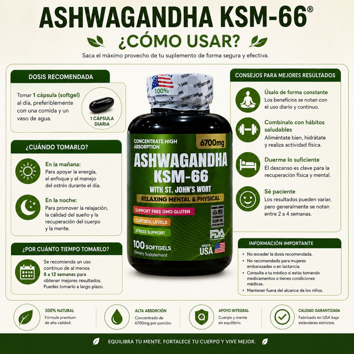 Ashwagandha KSM-66 x100 softgels extracto raiz completa cortisol estres adaptogeno natural