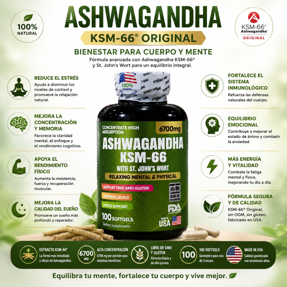 Ashwagandha KSM-66 x100 softgels extracto raiz completa cortisol estres adaptogeno natural