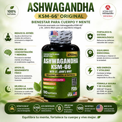 Ashwagandha KSM-66 x100 softgels extracto raiz completa cortisol estres adaptogeno natural