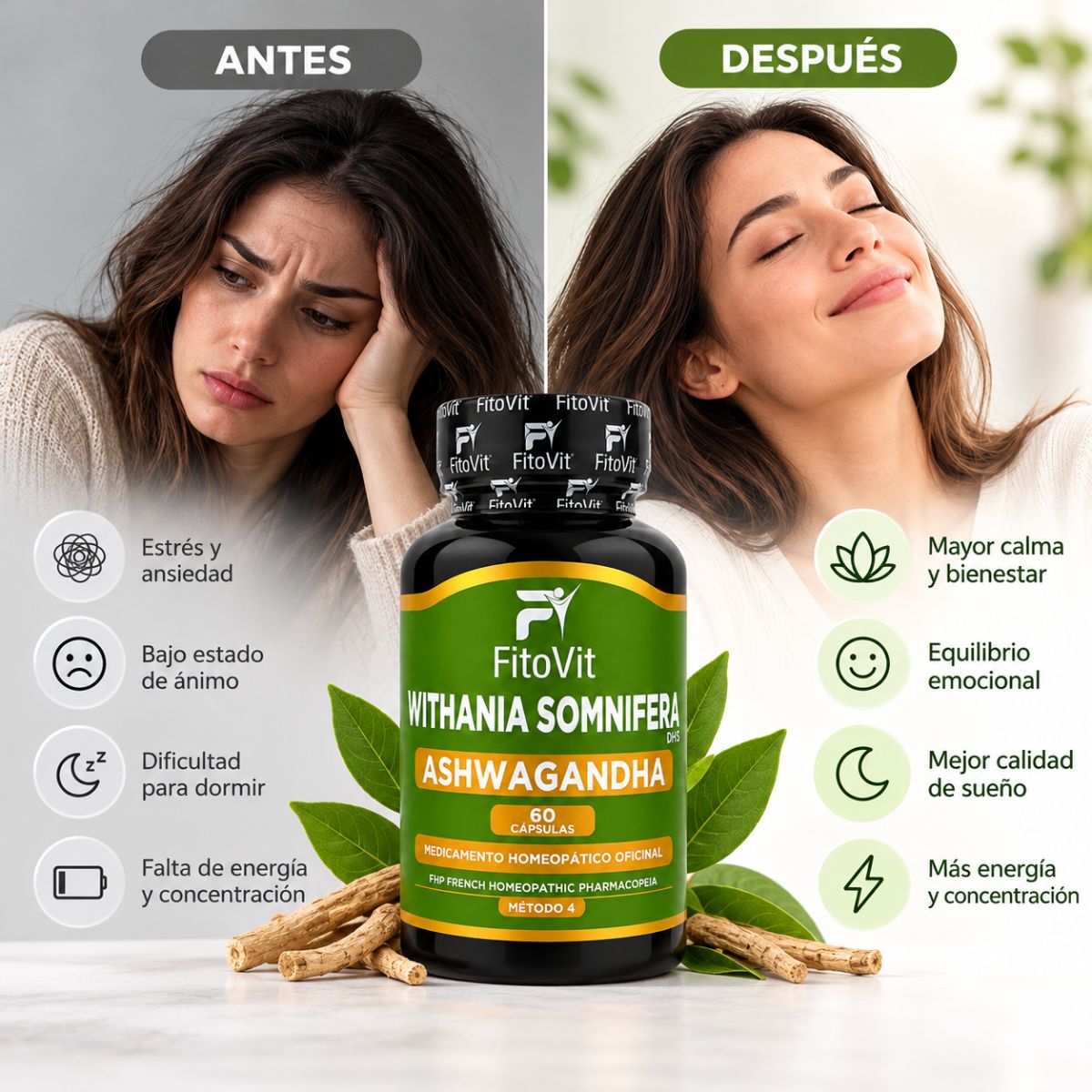 Ashwagandha FitoVit 500 mg • 60 Cápsulas • Adaptogen para el Estrés y el Descanso