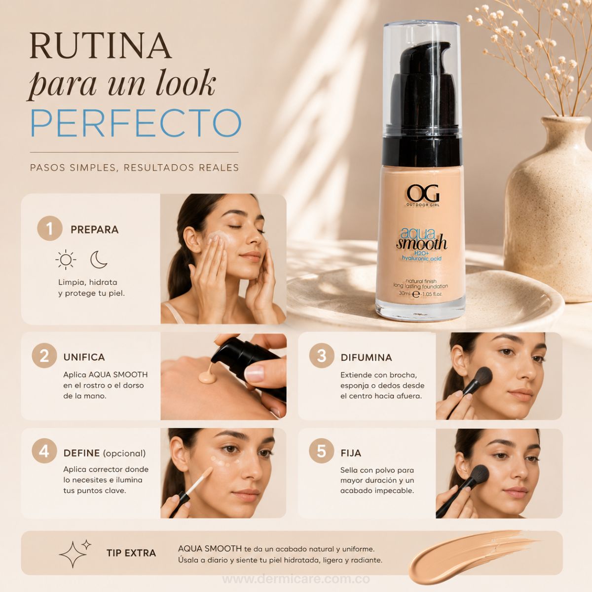 Base Aqua Smooth OG Colombia maquillaje liquido niacinamida cobertura media acabado natural luminoso
