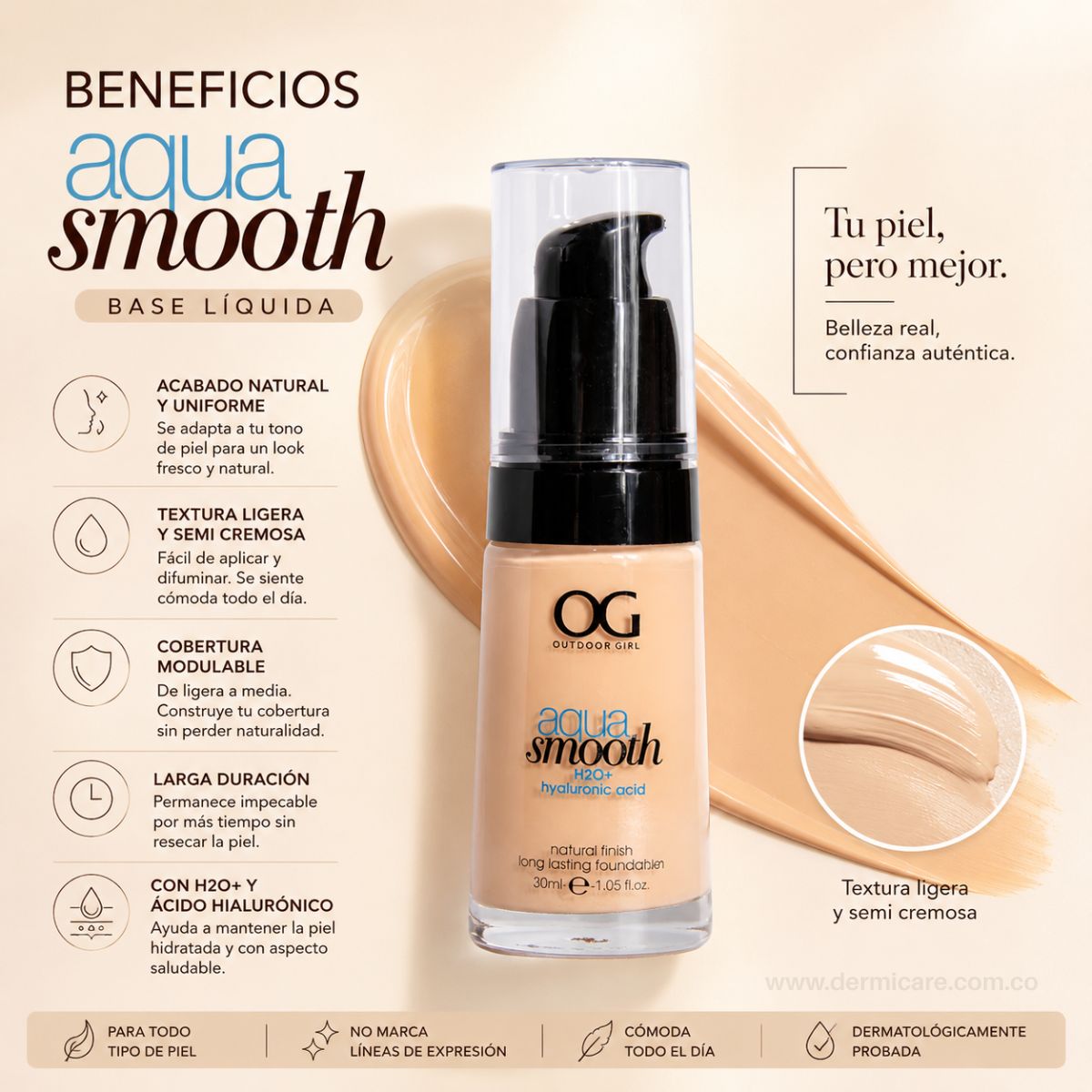 Base Aqua Smooth OG Colombia maquillaje liquido niacinamida cobertura media acabado natural luminoso