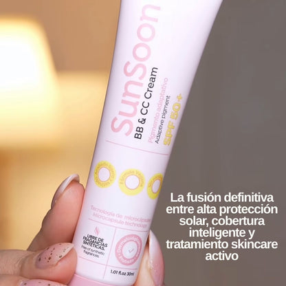 BB Cream CC Cream Sunsoon Montoc SPF 50+ con pigmento adaptativo, producto multifunción protección y cobertura.
