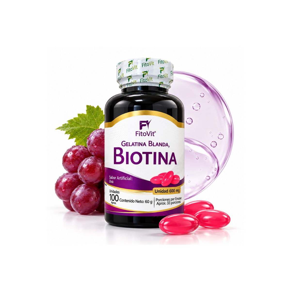 Biotina FitoVit 600 mg • 100 Softgel • Cabello, Piel y Uñas