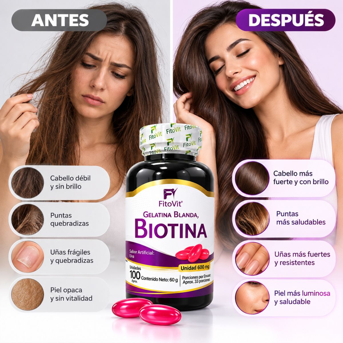 Biotina FitoVit 600 mg • 100 Softgel • Cabello, Piel y Uñas