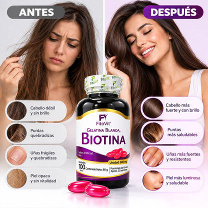 Biotina FitoVit 600 mg • 100 Softgel • Cabello, Piel y Uñas