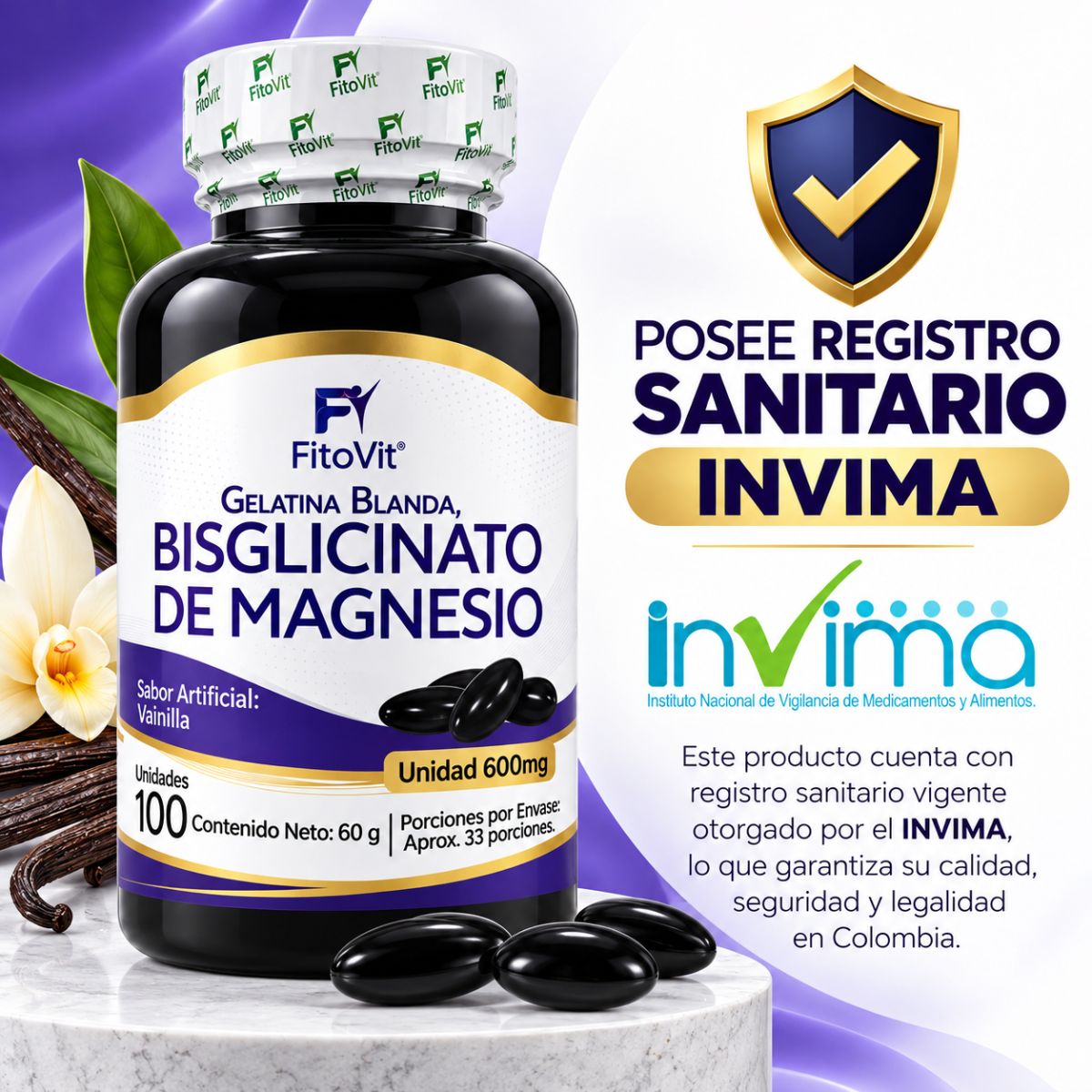 Bisglicinato de Magnesio 600 mg • 100 Softgels Vainilla • FitoVit •