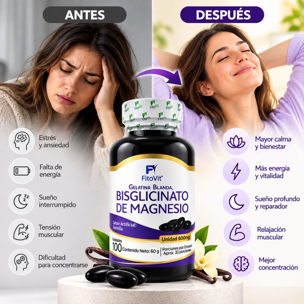 Bisglicinato de Magnesio 600 mg • 100 Softgels Vainilla • FitoVit •