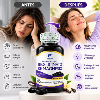 Bisglicinato de Magnesio 600 mg • 100 Softgels Vainilla • FitoVit •