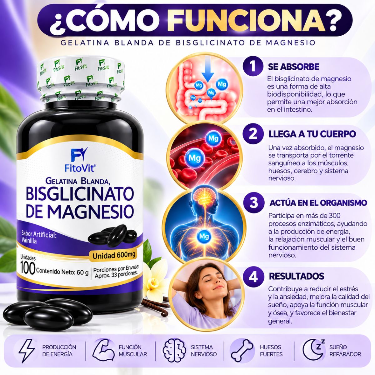 Bisglicinato de Magnesio 600 mg • 100 Softgels Vainilla • FitoVit •