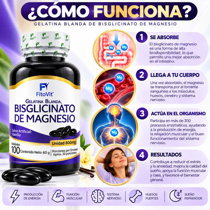 Bisglicinato de Magnesio 600 mg • 100 Softgels Vainilla • FitoVit •