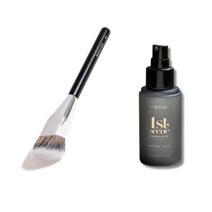 Brocha Maquillaje Montoc con Fijador de Maquillaje de Atenea para acabado profesional y duradero.