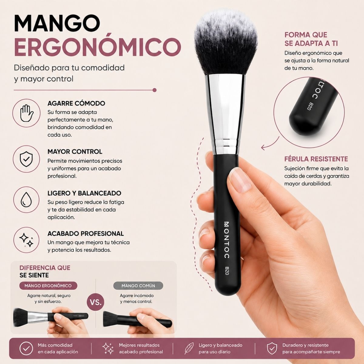 Brocha para polvo B20 Montoc herramienta maquillaje profesional aplicacion uniforme