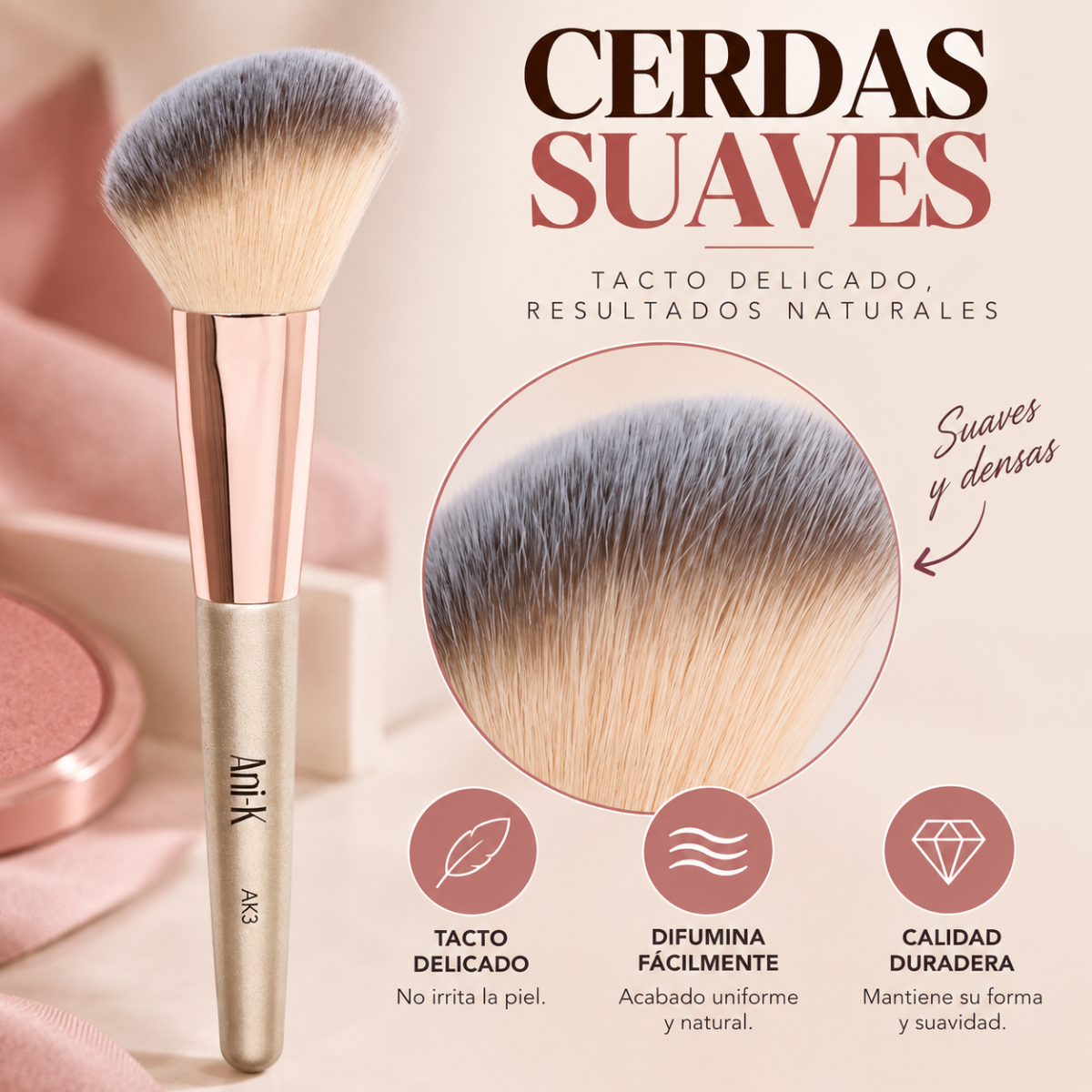 Brocha para Rubor AK3 Anik Makeup Cerdas Suave Difuminado Natural