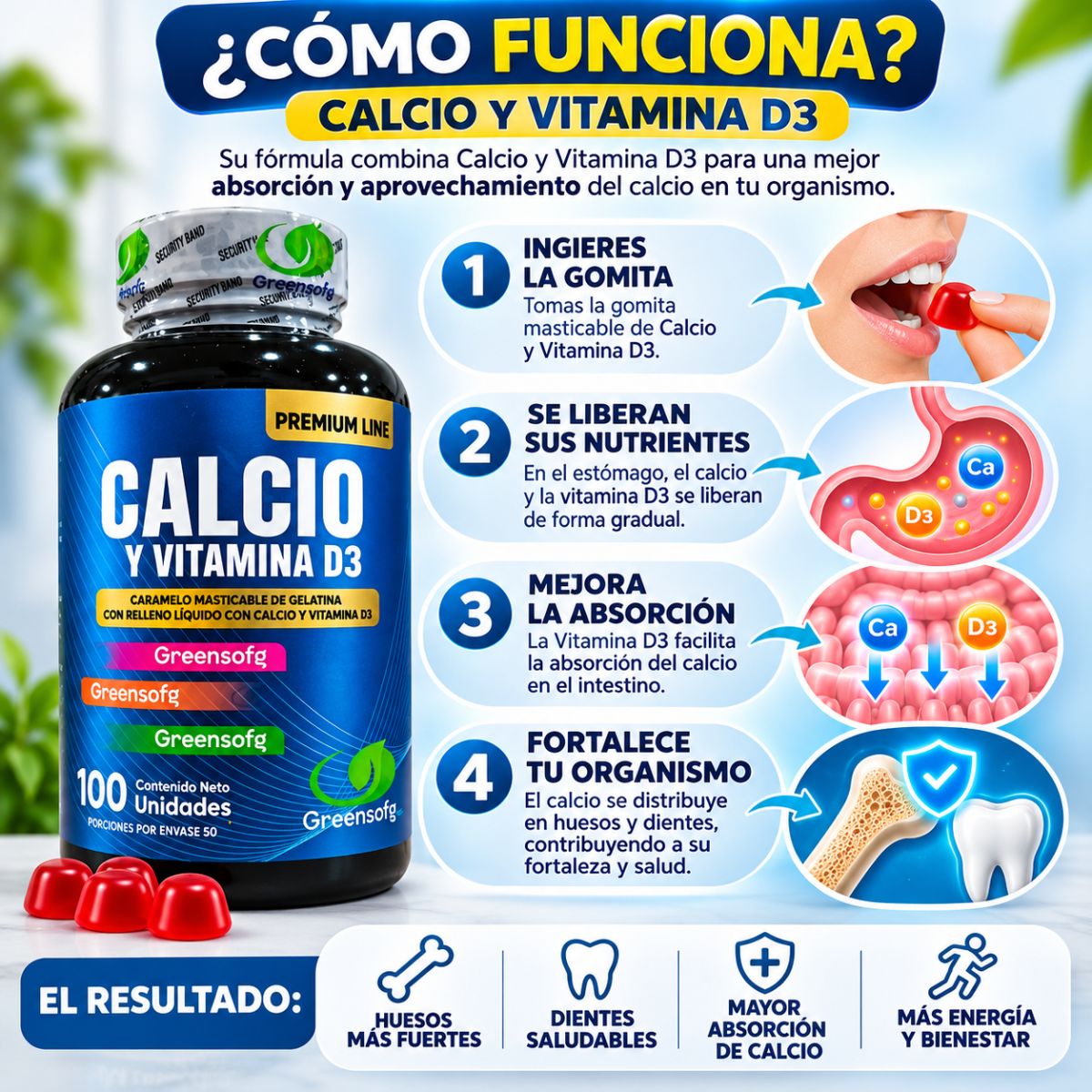 Calcio + Vitamina D3 Greensofg x100 Masticables