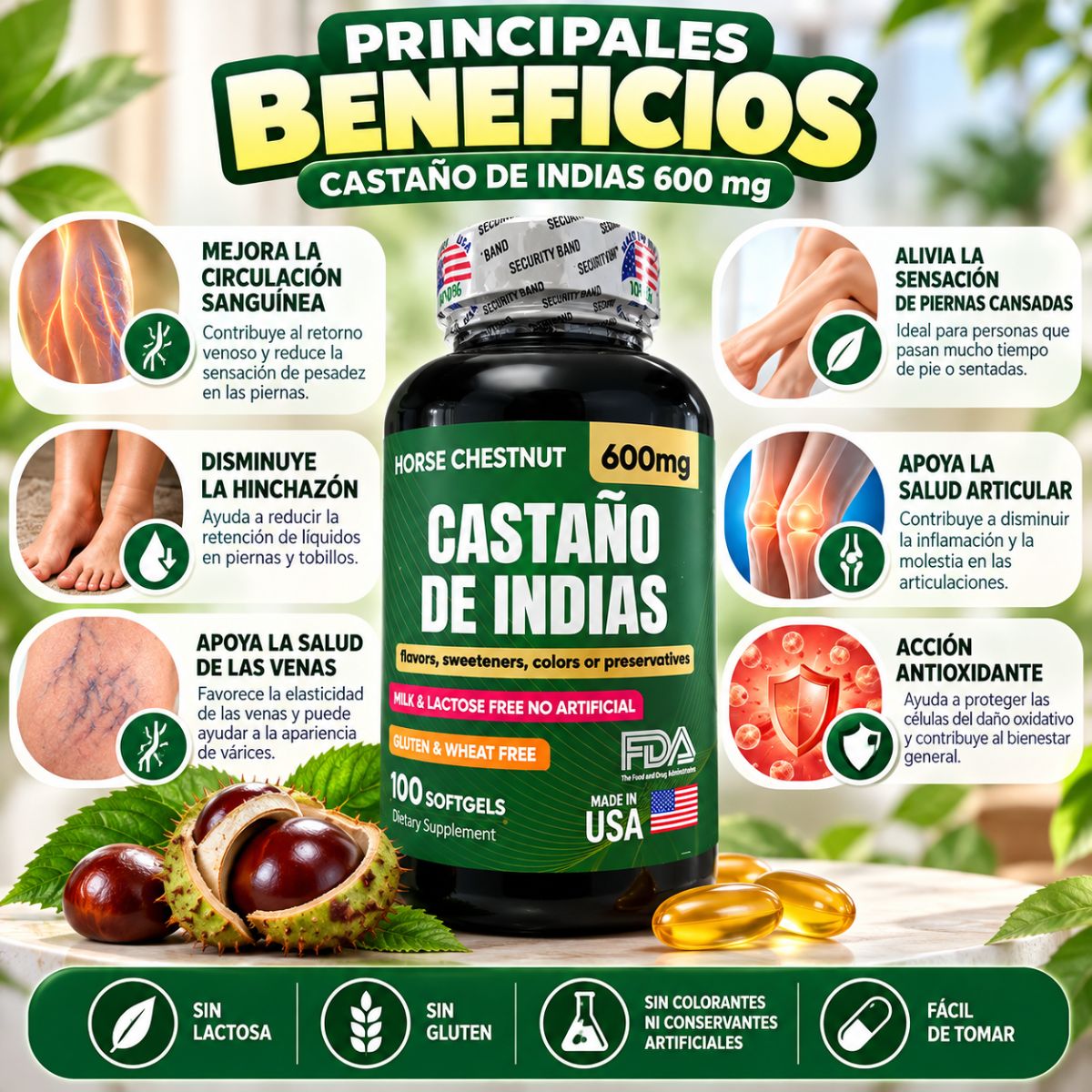 Castaño de Indias 600 mg x100 Softgels con Caléndula - Envío Gratis