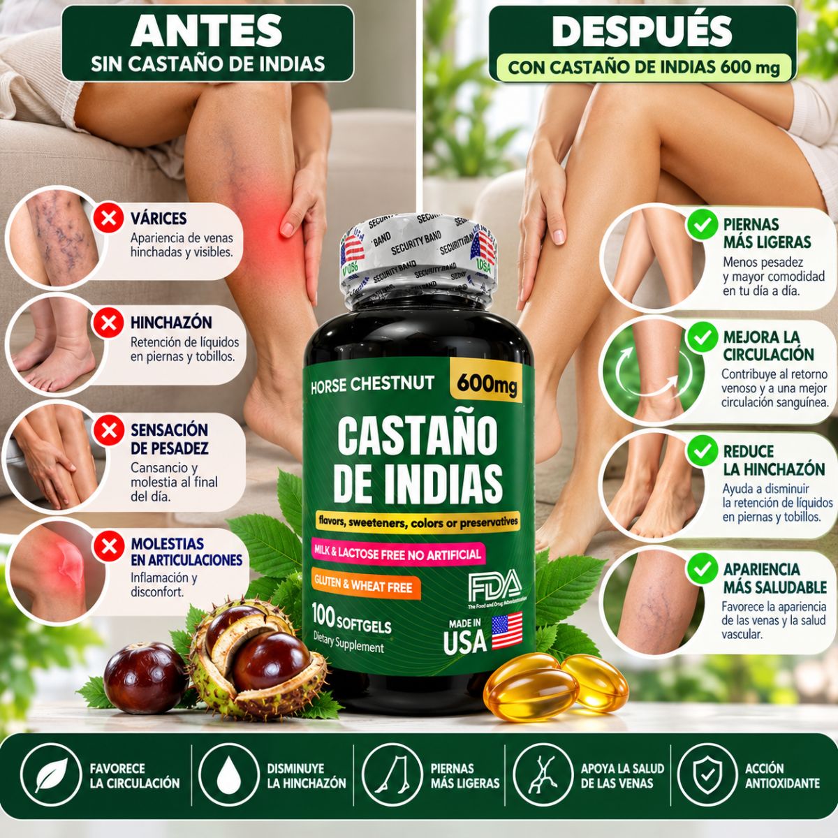 Castaño de Indias 600 mg x100 Softgels con Caléndula - Envío Gratis