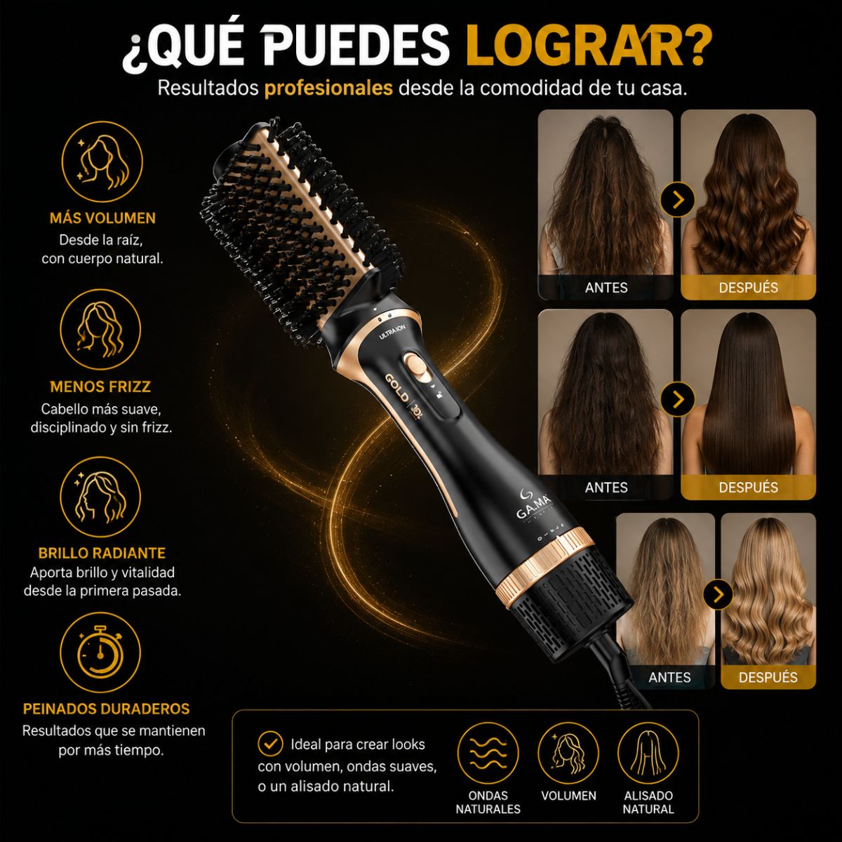 Cepillo secador Gamma Multistyler Gold Ion ionico brillo cabello liso ondas salon