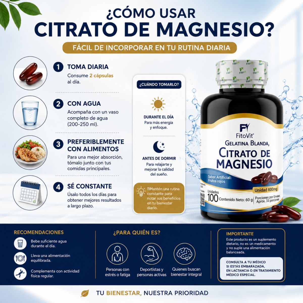 Citrato Magnesio FitoVit 100 softgels 33 porciones sueno musculos ansiedad biodisponible