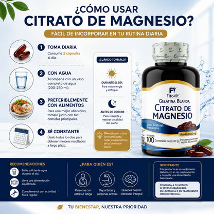 Citrato Magnesio FitoVit 100 softgels 33 porciones sueno musculos ansiedad biodisponible