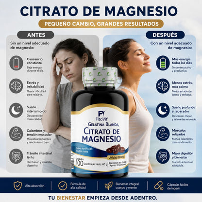 Citrato Magnesio FitoVit 100 softgels 33 porciones sueno musculos ansiedad biodisponible
