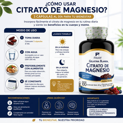 Citrato Magnesio FitoVit 100 softgels 33 porciones sueno musculos ansiedad biodisponible