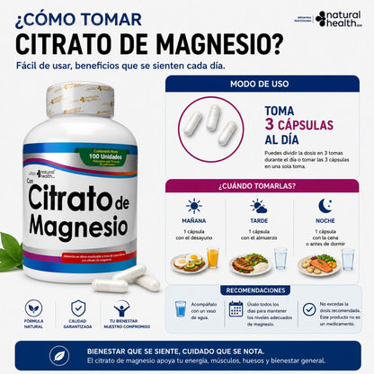 Citrato de Magnesio Natural Health 100 capsulas sueno estres musculos absorcion biodisponible