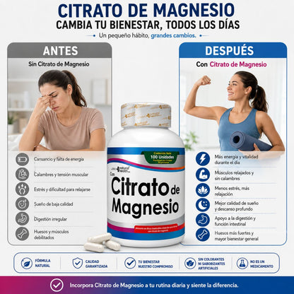 Citrato de Magnesio Natural Health 100 capsulas sueno estres musculos absorcion biodisponible