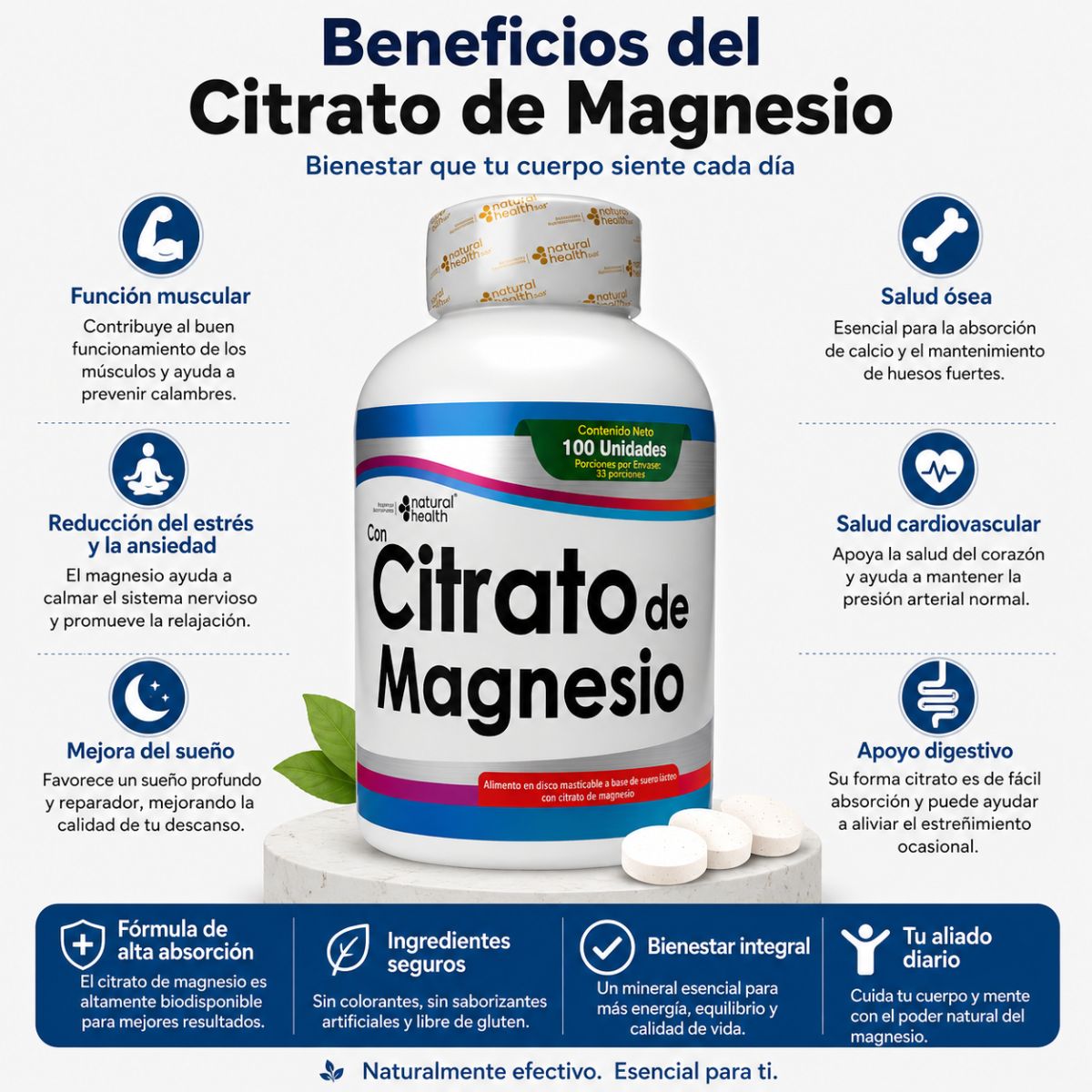 Citrato de Magnesio Natural Health 100 capsulas sueno estres musculos absorcion biodisponible